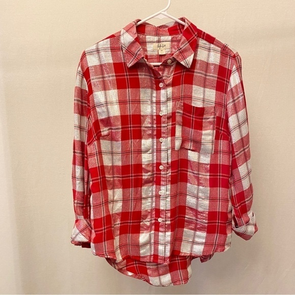 Style & Co Petite Medium Red Metallic Plaid Flannel Top Blouse Shirt - Picture 9 of 9